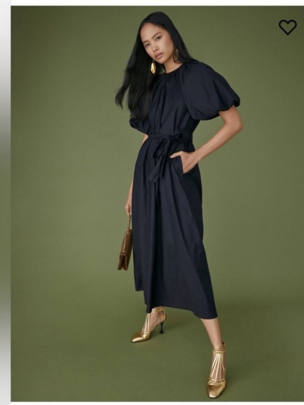 Reformation Lloyd Midi Dress Color in Black Puff Sleeve XS *No Belt